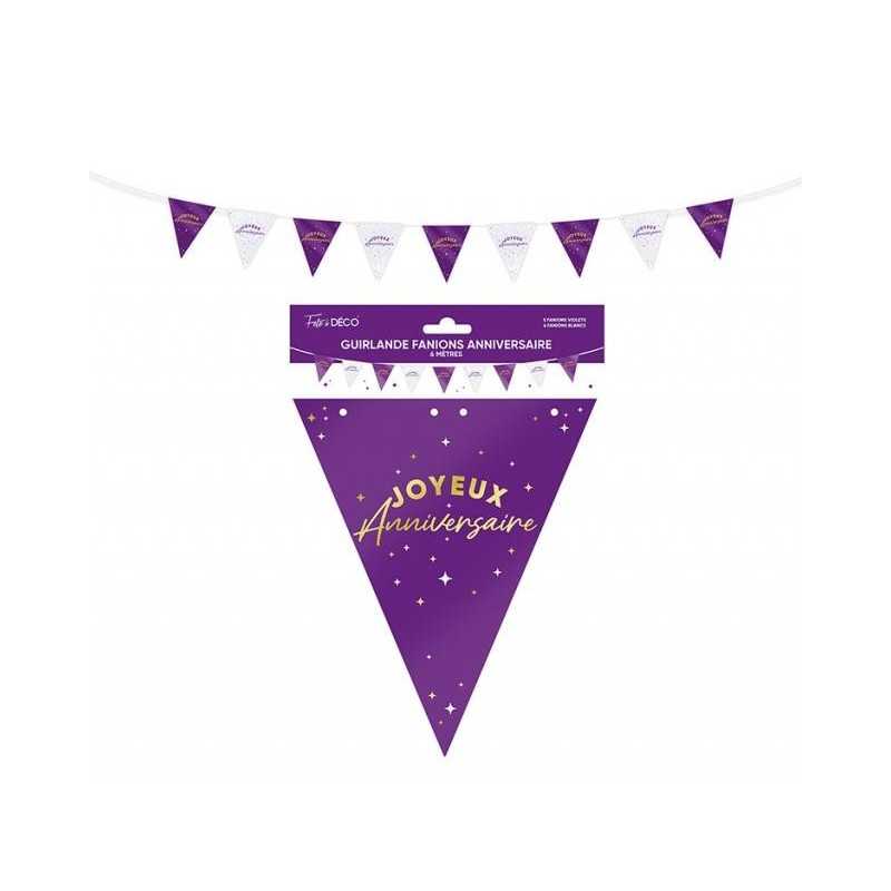 GUIRLANDE FANIONS JOYEUX ANNIVERSAIRE VIOLET ET BLANC 6 METRES