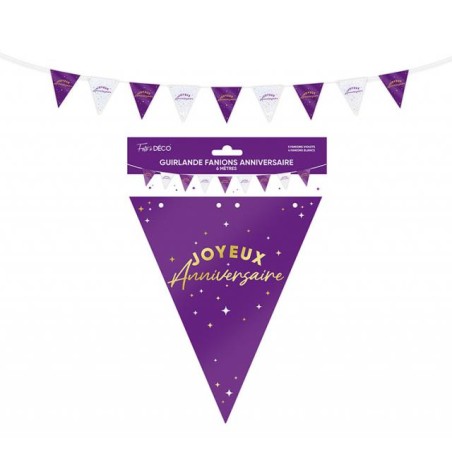 GUIRLANDE FANIONS JOYEUX ANNIVERSAIRE VIOLET ET BLANC 6 METRES 