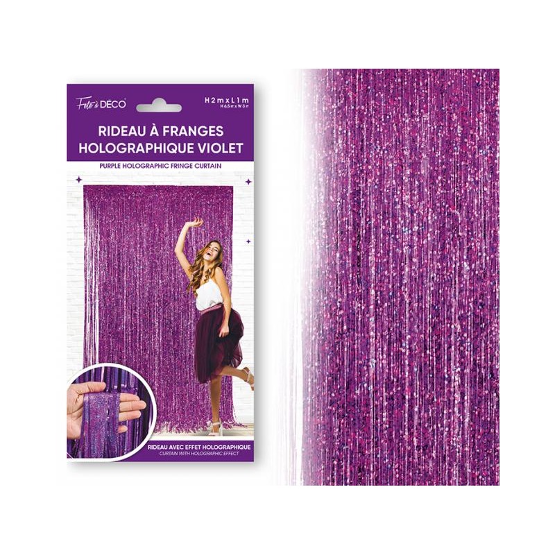 RIDEAU LAMELLE FRANGES VIOLET HOLOGRAPHIQUE 100 CM X 200 CM