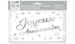 SACHET 24 SERVIETTES JOYEUX ANNIVERSAIRE BLANC ET ARGENT METALLISE 33 X 33 CM 