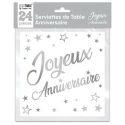 SACHET 24 SERVIETTES JOYEUX ANNIVERSAIRE BLANC ET ARGENT METALLISE  33 X 33 CM 