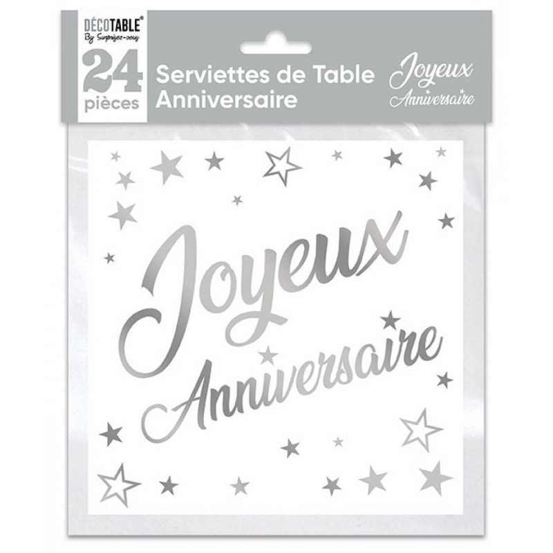 SACHET 24 SERVIETTES JOYEUX ANNIVERSAIRE BLANC ET ARGENT METALLISE 33 X 33 CM 