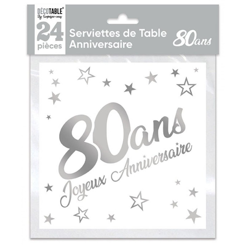 SACHET 24 SERVIETTES 80 ANS  BLANC ET ARGENT METALLISE  33 X 33 CM 