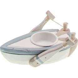 BOUGEOIR BARQUE BOIS BLANC ET BLEU CIEL 14 X 9.5 X 7 CM