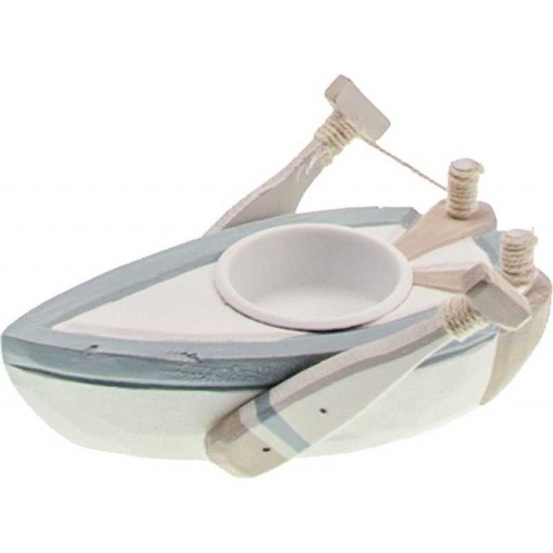 BOUGEOIR BARQUE BOIS BLANC ET BLEU CIEL 14 X 9.5 X 7 CM
