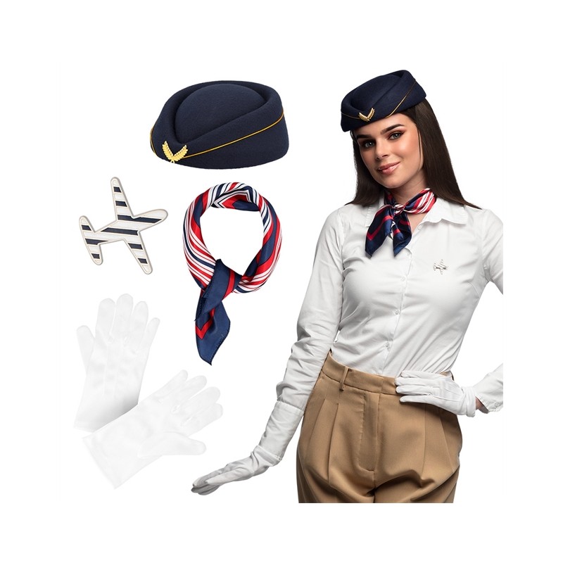 SET HOTESSE DE L'AIR ( CHAPEAU-GANTS-ECHARPE ET BADGE)