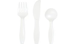18 COUVERTS PLASTIQUE BLANC 6 FOURCHETTES 6 COUTEAUX 6 CUILLERES