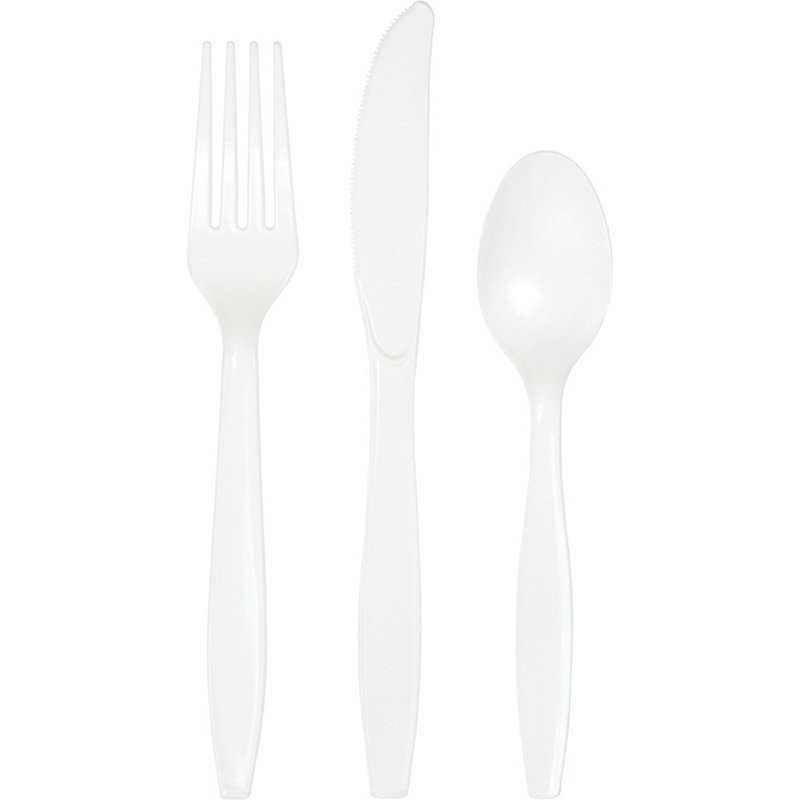 18 COUVERTS PLASTIQUE BLANC 6 FOURCHETTES 6 COUTEAUX 6 CUILLERES