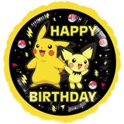 BALLON METALLIQUE ROND 43CM POKEMON PIKACHU JAUNE ET NOIR HAPPY BIRTHDAY