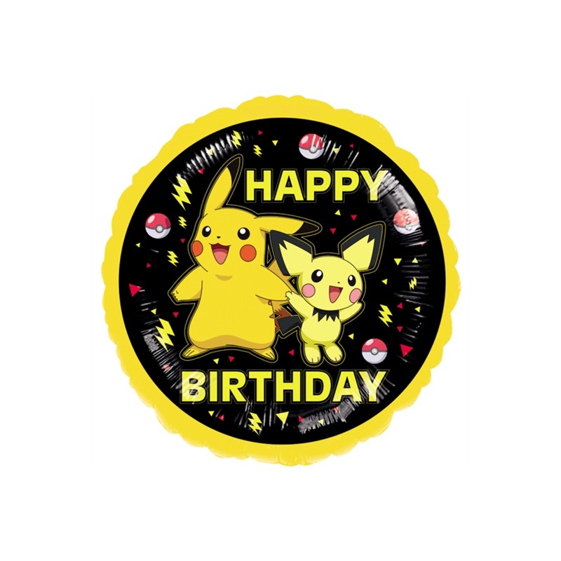 BALLON METALLIQUE ROND 43CM POKEMON PIKACHU JAUNE ET NOIR HAPPY BIRTHDAY