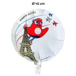 BALLON METALLIQUE ROND JEU OLYMPIQUE BLANC MASCOTTE 45 CM 