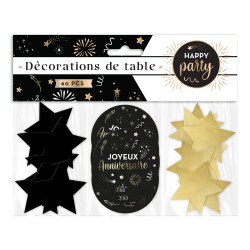 TRIO DE CONFETTIS NOIR ET OR JOYEUX ANNIVERSAIRE 