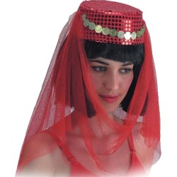 COIFFE OU CHAPEAU ROUGE DANSEUSE ORIENTALE SEQUINS ET VOILE