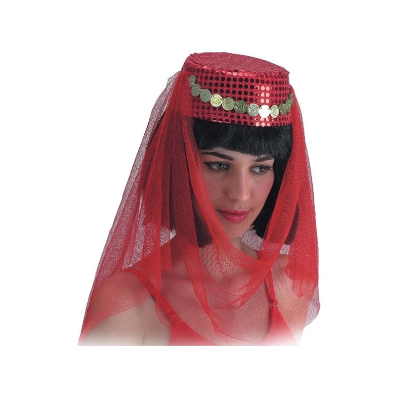 COIFFE OU CHAPEAU ROUGE DANSEUSE ORIENTALE SEQUINS ET VOILE