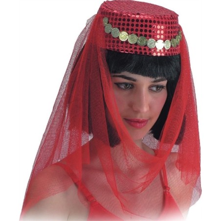 COIFFE OU CHAPEAU ROUGE DANSEUSE ORIENTALE SEQUINS ET VOILE