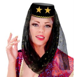 CHAPEAU ORIENTAL HAREM NOIR AVEC ETOILE DORE ET VOILE