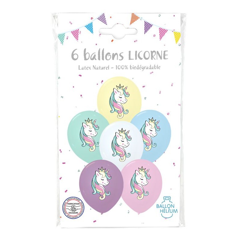 SACHET DE 6 BALLONS IMPRIMES LICORNE 30 CM 