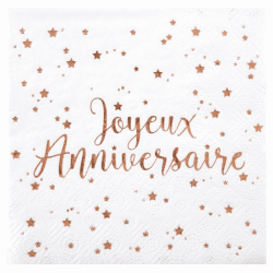 20 SERVIETTES BLANCHES JOYEUX ANNIVERSAIRE ROSE GOLD 25 X 25 CM