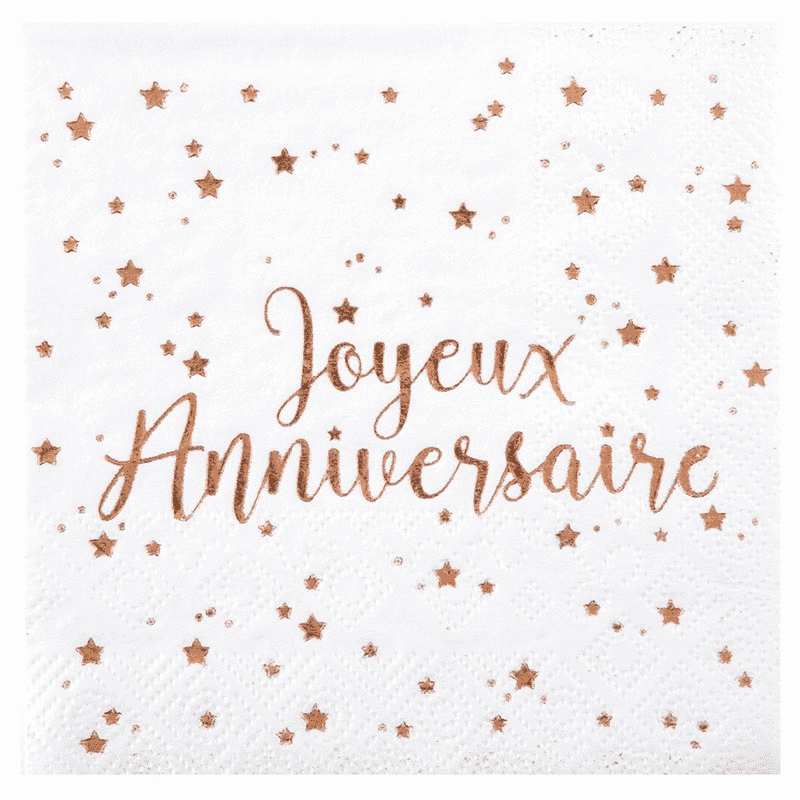 20 SERVIETTES BLANCHES JOYEUX ANNIVERSAIRE ROSE GOLD 25 X 25 CM