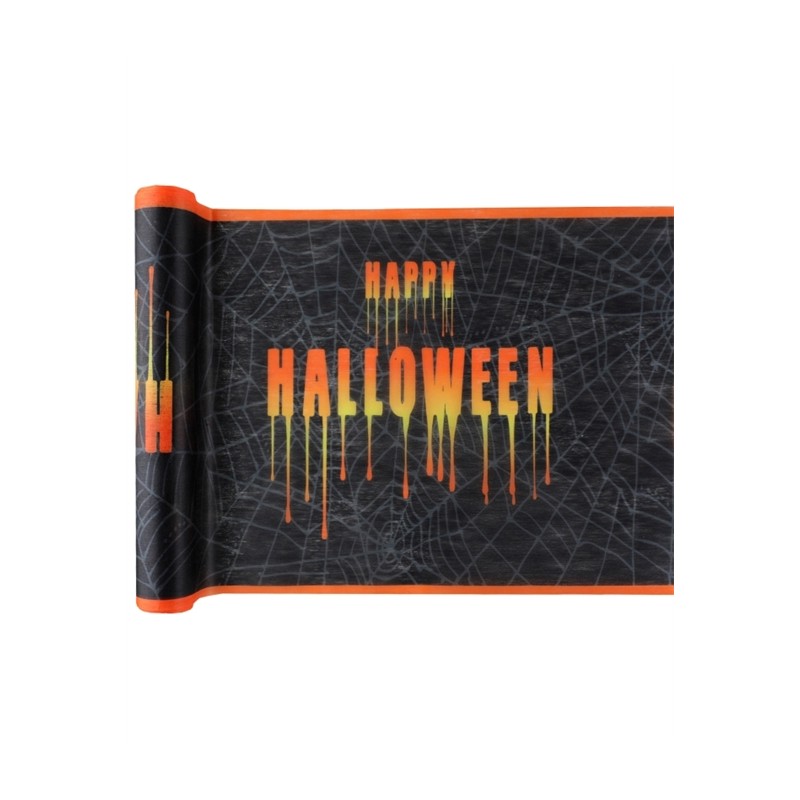 CHEMIN DE TABLE HALLOWEEN NOIR HAPPY HALLOWEEN ORANGE 30 CM X 5 METRES