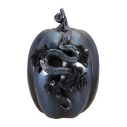 CITROUILLE POLYRESINE BLEUE NUIT AVEC SERPENT ET ROSES 19.5CM X 21.5CM X 28.5CM
