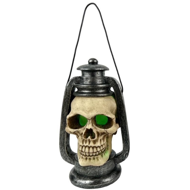 Lanterne LED Tête de mort résine 14.5 x 9 cm 20 cm avec accroche