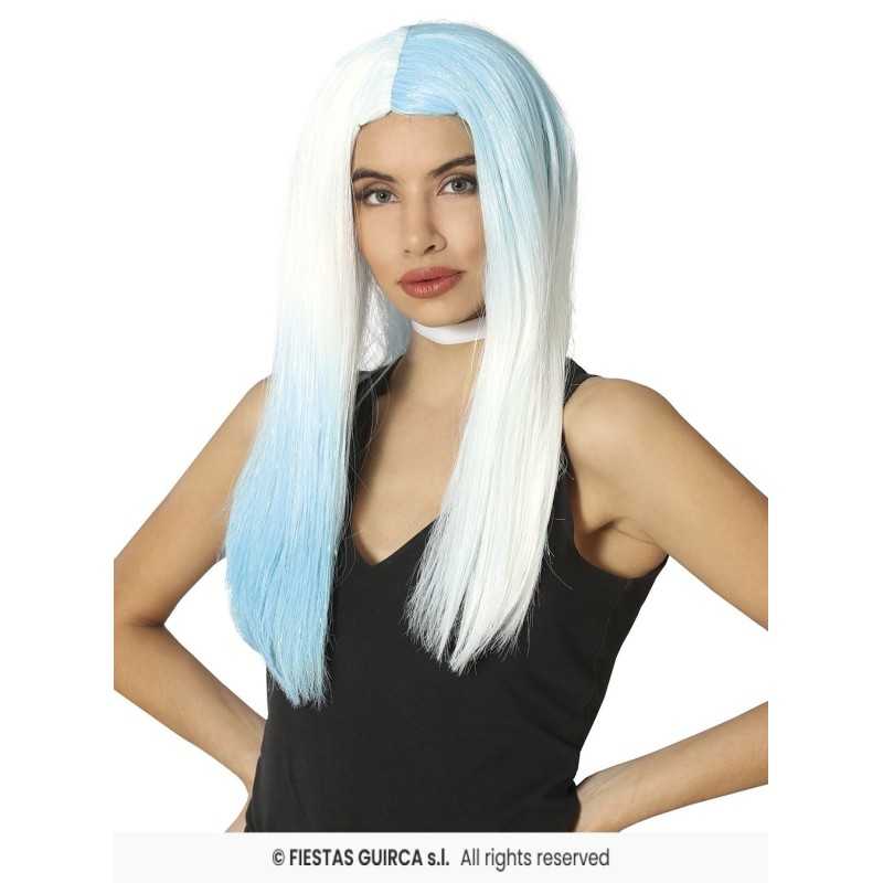 PERRUQUE CHEVEUX LONGS BLEU ET BLANC SANS FRANGE