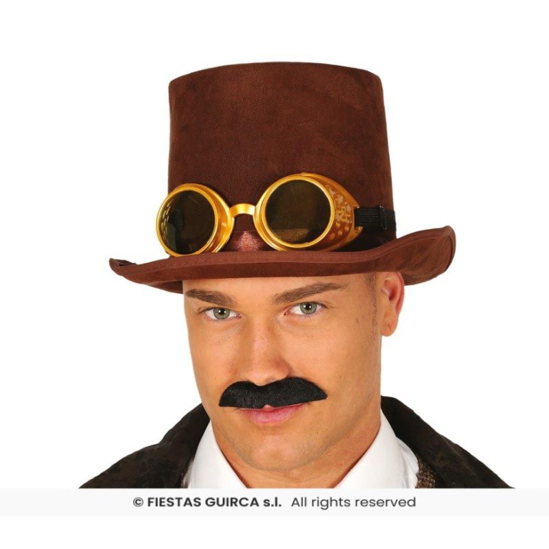 CHAPEAU HAUT DE FORME STEAMPUNK MARRON AVEC LUNETTES