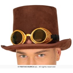 CHAPEAU HAUT DE FORME STEAMPUNK MARRON AVEC LUNETTES