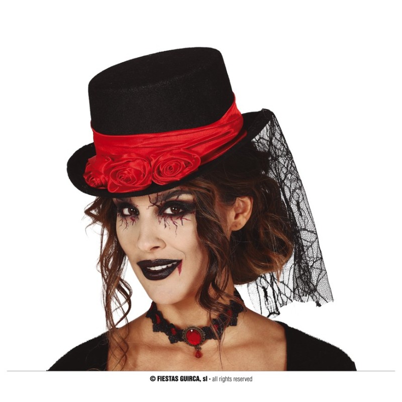 CHAPEAU HAUT DE FORME FEMME VAMPIRE OU MEXICAIN NOIR ET ROUGE DAY OF THE DEAD