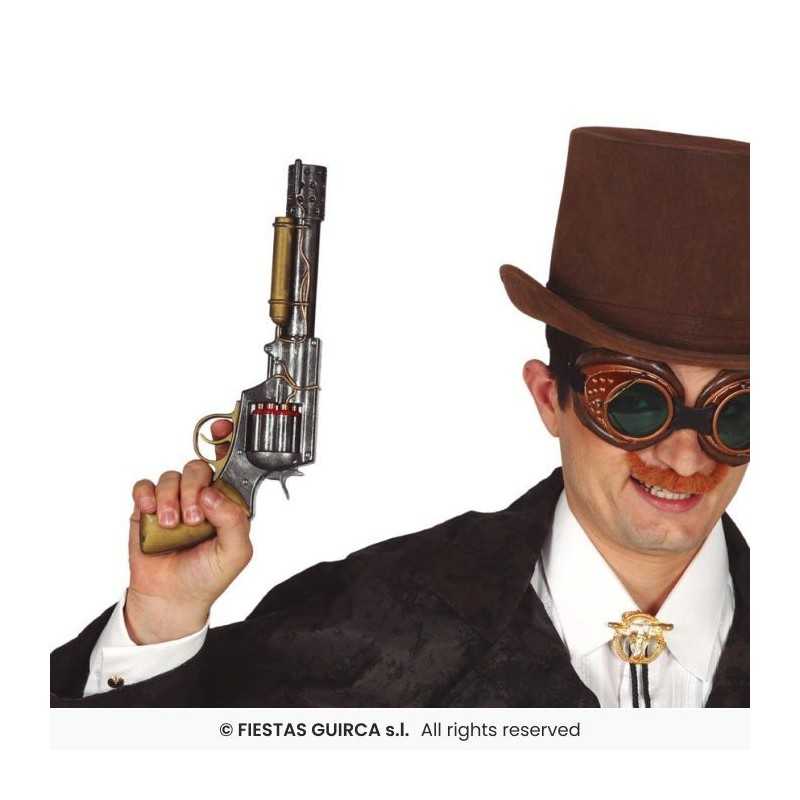 REVOLVER STEAMPUNK ARGENT ET OR VIEILLI 30 CM