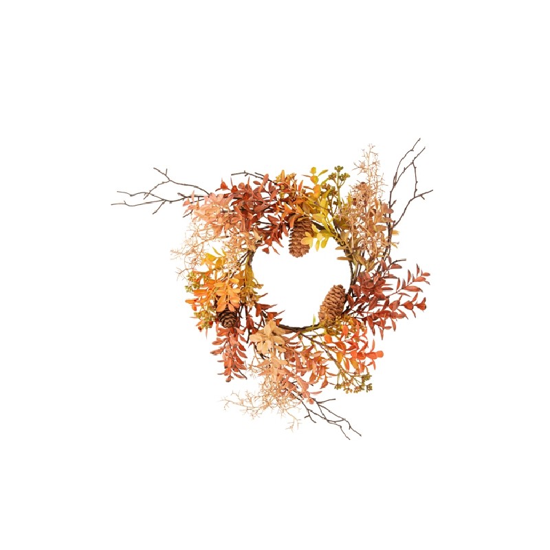 COURONNE NATURE D'AUTOMNE POMME DE PIN ET FEUILLAGE DEGRADE D'ORANGE ET VERT 