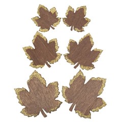 6 CONFETTIS FEUILLES D'ERABLE EN BOIS CHOCOLAT ET PAILLETTES OR