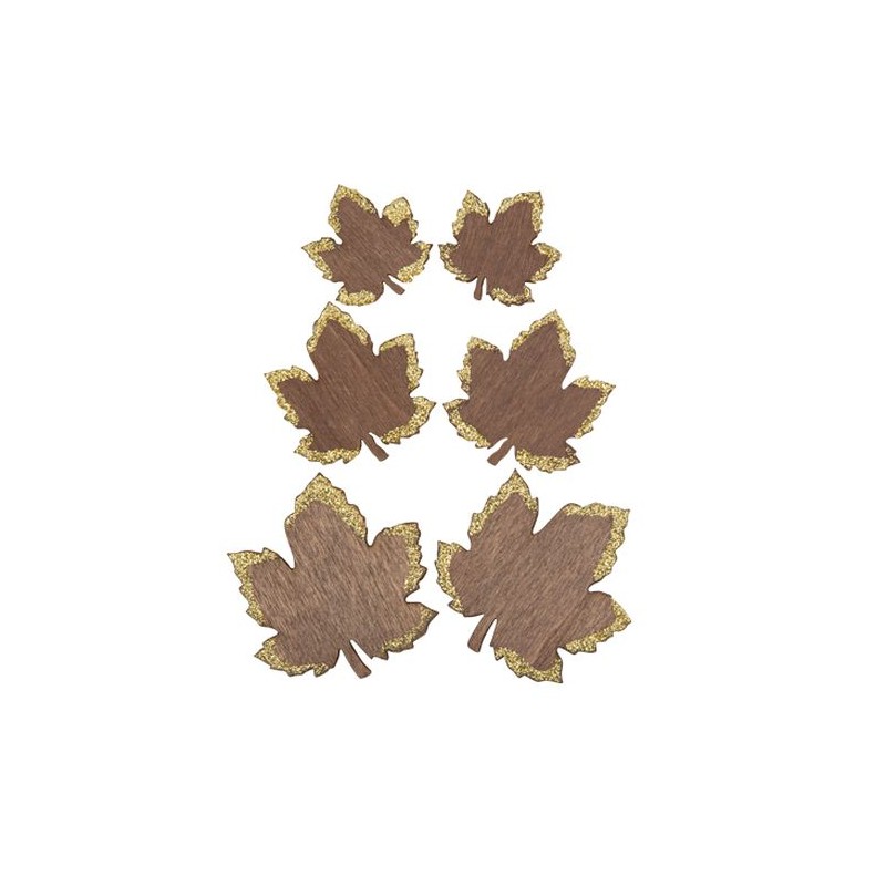 6 CONFETTIS FEUILLES D'ERABLE EN BOIS CHOCOLAT ET PAILLETTES OR