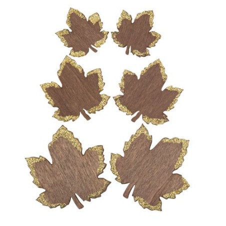 6 CONFETTIS FEUILLES D'ERABLE EN BOIS CHOCOLAT ET PAILLETTES OR