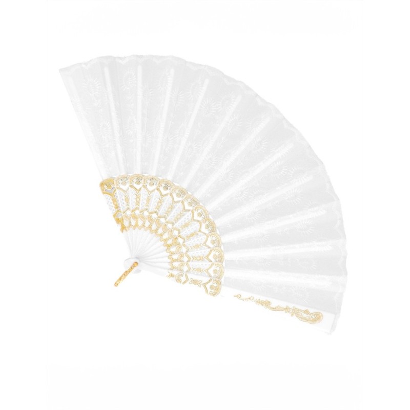 EVENTAIL EN TISSU BRODE BLANC 23 CM  EVENTAIL EN TISSU BRODE BLANC 23 CM