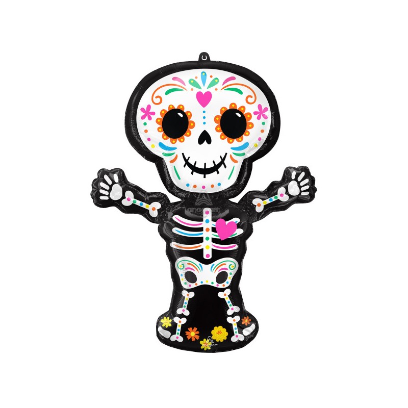 BALLON METALLIQUE  SQUELETTE JOUR DES MORTS DAY OF THE DEAD  HALLOWEEN 86 CM