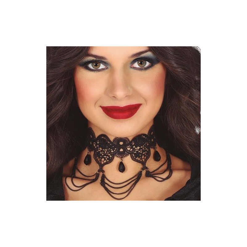 COLLIER TOUR DE COU EN DENTELLE NOIRE ET PERLES NOIRES 