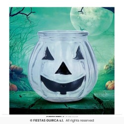 PHOTOPHORE EN VERRE BLEU IMPRIME CITROUILLE