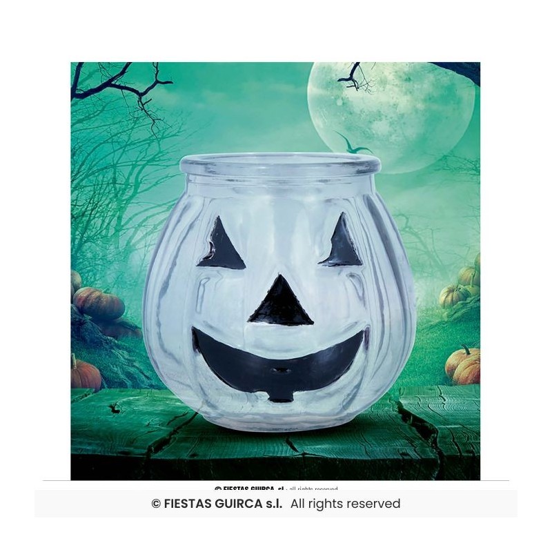 PHOTOPHORE EN VERRE BLEU IMPRIME CITROUILLE PHOTOPHORE EN VERRE BLEU IMPRIME CITROUILLE