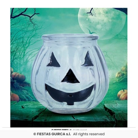 PHOTOPHORE EN VERRE BLEU IMPRIME CITROUILLE