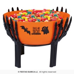 DECORATION HALLOWEEN POT A BONBON ORANGE TENU PAR 4 MAINS