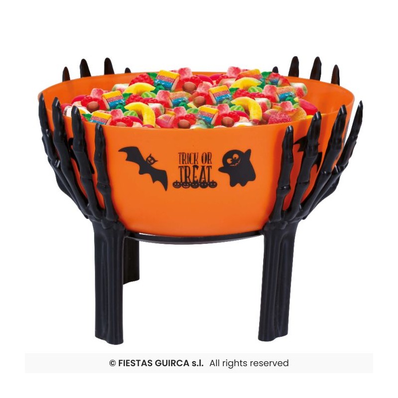 DECORATION HALLOWEEN POT A BONBON ORANGE TENU PAR 4 MAINS