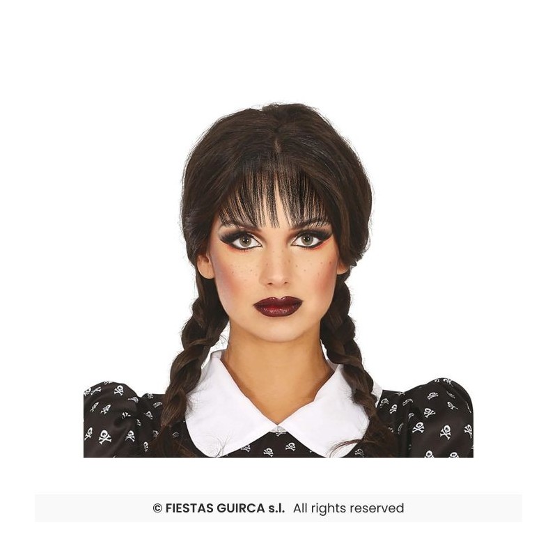 PERRUQUE MERCREDI 2 NATTES OU TRESSES NOIRES + FRANGE ADULTE PERRUQUE MERCREDI 2 NATTES OU TRESSES NOIRES + FRANGE ADULTE