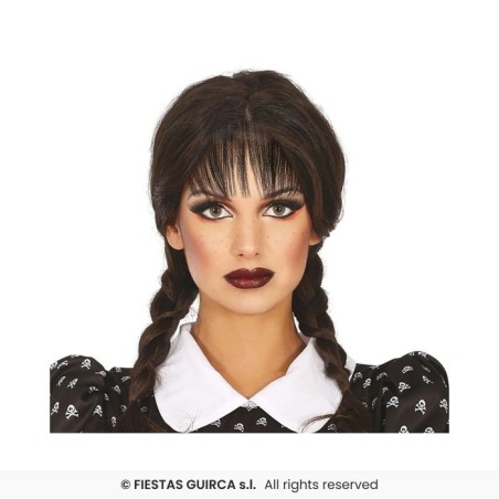 PERRUQUE MERCREDI 2 NATTES OU TRESSES NOIRES + FRANGE ADULTE