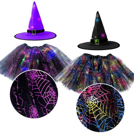 ENSEMBLE CHAPEAU ET TUTU TOILE D'ARAIGNEE AVEC LED COULEURS ASSORTIS 