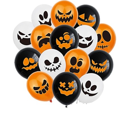 15 BALLONS LATEX HALLOWEEN CITROUILLE FANTOME NOIR ORANGE BLANC 28 CM