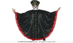 DEGUISEMENT PRETRE SATANIQUE CAPE NOIRE ET ROUGE AVEC COIFFE HALLOWEEN TAILLE X