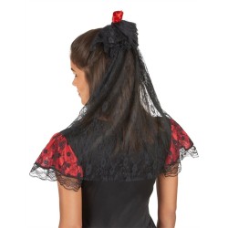 COIFFE ESPAGNOLE MANTILLE VOILE DENTELLE NOIR ET FLEUR ROSE ROUGE