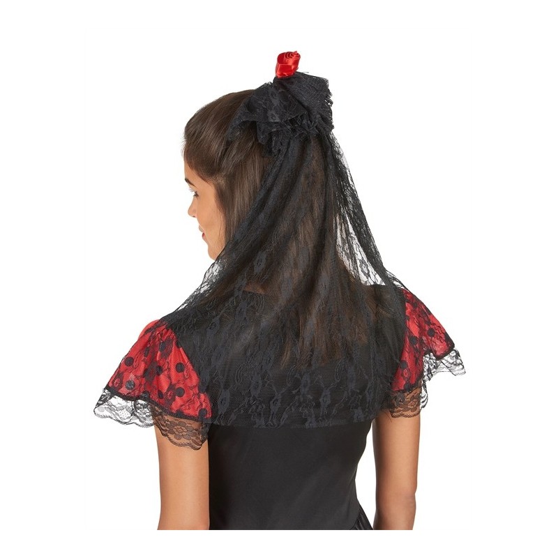 COIFFE ESPAGNOLE MANTILLE VOILE DENTELLE NOIR ET FLEUR ROSE ROUGE